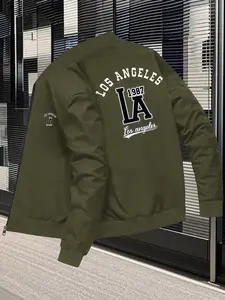 Men's Vintage Baseball Jacket, with Los Angeles Print, Zipper Closure Casual Outerwear, Suitable for Daily & Special Occasions