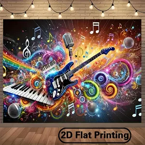 2D flat-banner-1pc Vibrant Electric Guitar & Microphone Music Party Backdrop - Colorful Polyester Photography Banner, Ideal for Studio Sessions, Birthday & Holiday Decorations, Indoor/Outdoor Use, Birthday Decorati