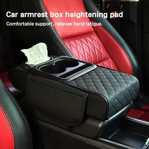 The armrest cover of the car's center console features a five-in-one design combining black and red elements, equipped with 2 storage bags, a cup holder, a tissue holder, and a phone slot, making it both practical and tidy.