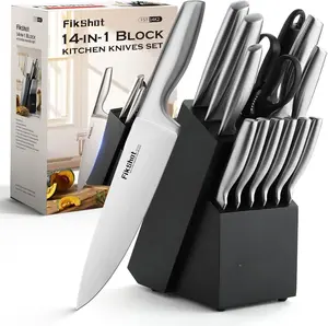 FIKSHOT Premium Stainless Steel 14/6 in 1 Knife Block Set, Razor-Sharp Santoku Knife and Fruit Knives, Gift for Homecooks, Rust-Proof, Designed for Women
