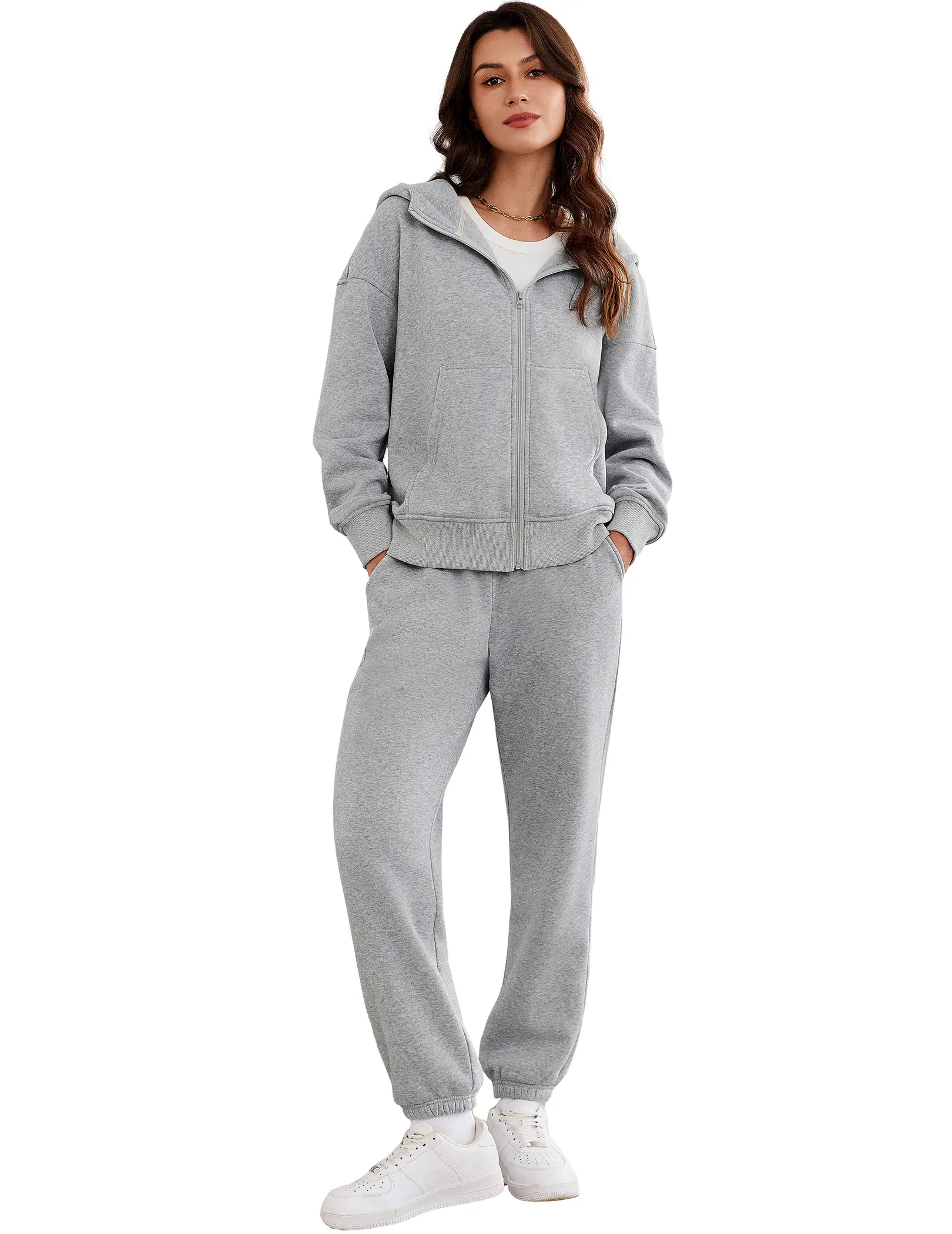 PINSPARK 2 Piece Sets for Women Fleece Sweatsuits Zip Up Hoodie Sweatshirts Drawstring Jogger Sweatpants With Pockets 2024 sportswear,summerwins
