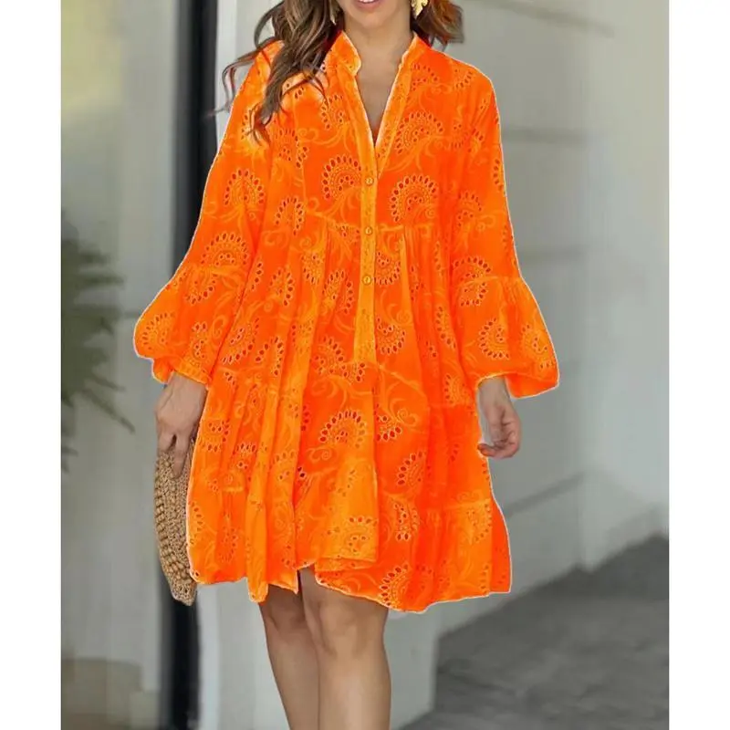 Eyelet Embroidery Notched Neck Smock Dress, Elegant Flounce Sleeve Button Front Short Dress for Vacation Holiday,  Holiday Dresses Summer Piece Chic Casual
