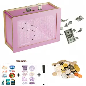 Sticker version Wooden Money storage jar Money Bank, Countdown Money Saving Box with 10000 Dollars TSticker version Wooden Money storage jar Money Bank, Coarget, Money storage jar with Money Target and Numbers to Check for Boys Girls (10000 USD)