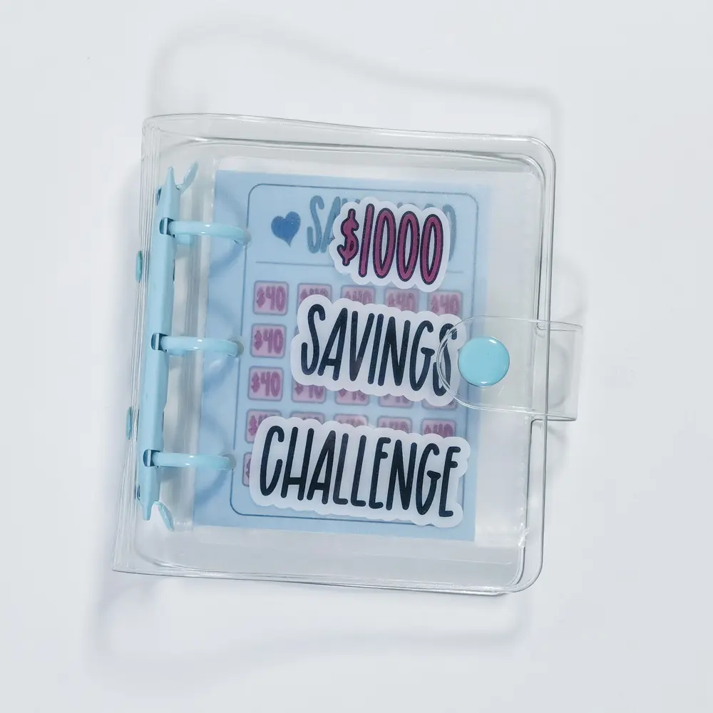 Reusable $1000 Savings Challenge Planner Binder - Durable and Waterproof PVC Cover, Blue Cash Envelopes, Child-Friendly Accounting Supplies for Finances Control, Office Stationery, Control Finances