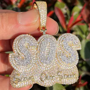 Street hiphop rapper jewelry luxury sparkling full iced out cubic zirconia cz micro pave letter SOS Save Our Soul pendant necklaces for women men daily wear party accessories