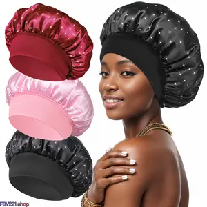 3-pack Sparkly Rhinestone Satin Bonnet for Women, Wide Elastic Soft Silk Sleep Cap Comfort Night Hair Wrap for Daily Hair Care outdoorfun
