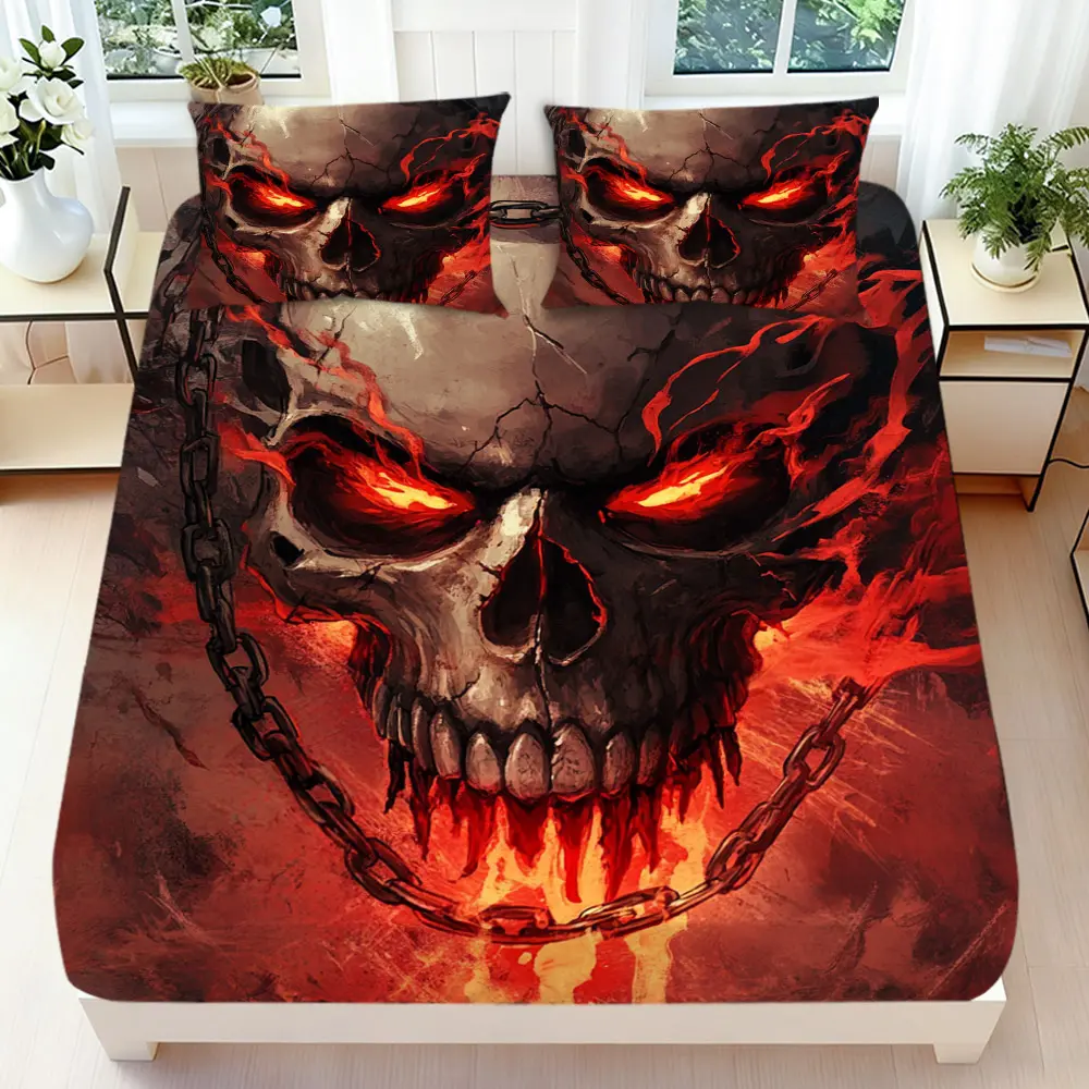 2/3 Pcs 2D Flat Skull with Flames and Chains Fitted Sheet Set Skull Bedding Set Quilt Cover 1 Fitted Sheet + 1/2 Pillowcases Skull Top Sheet Decorative Bedding Bedroom Decor