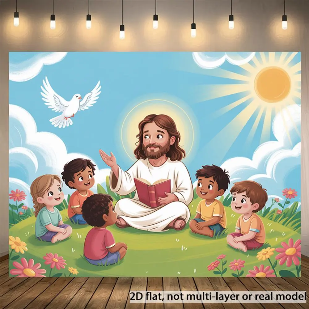1PC Polyester Reusable Christian Flat 2D Backdrop Banner, Cartoon Jesus & Kids Design Happy Birthday Cartoon Festive Backdrops & Banners, Sunday School Children's Religious Party Decoration & Photography Prop
