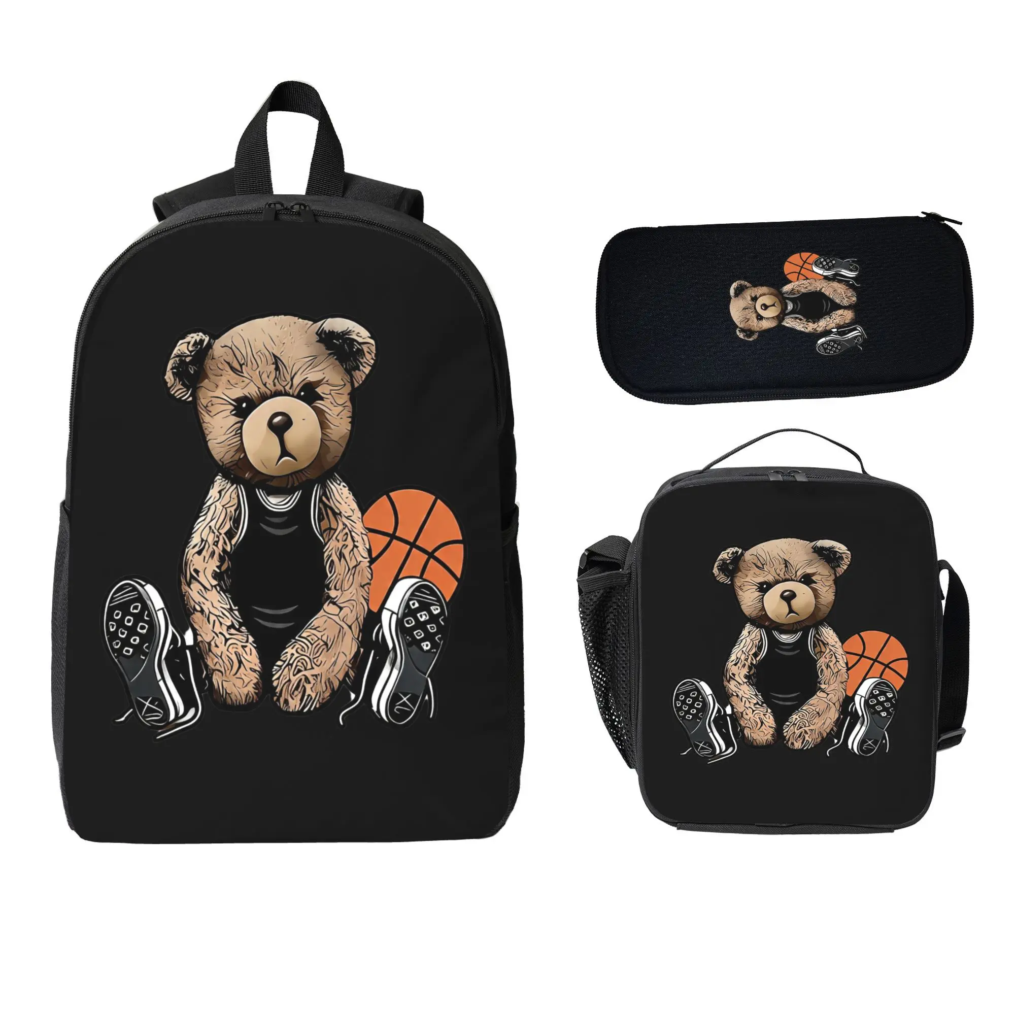 Hip Hop Basketball Teddy Bear 3 In 1 Backpack Set Kids Streetwear Sport School Bag Lunch Box Pencil Case