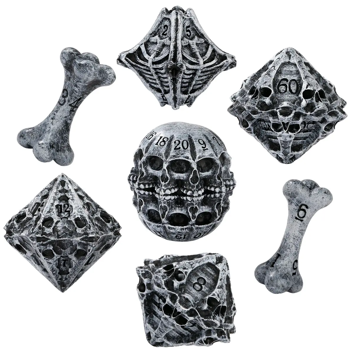 Dnd Dice Set with Skull Theme, Halloween, Resin Material, 7-Piece Multi-Faceted Dice for Role-Playing Games, Includes Dice Bag, Beginner Friendly
