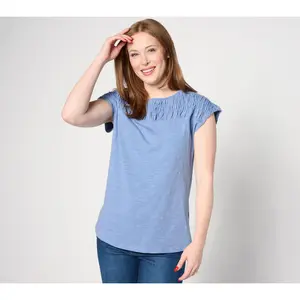 Denim & Co. Texture Knit Boat Neck Cap Sleeve Top with Smocking