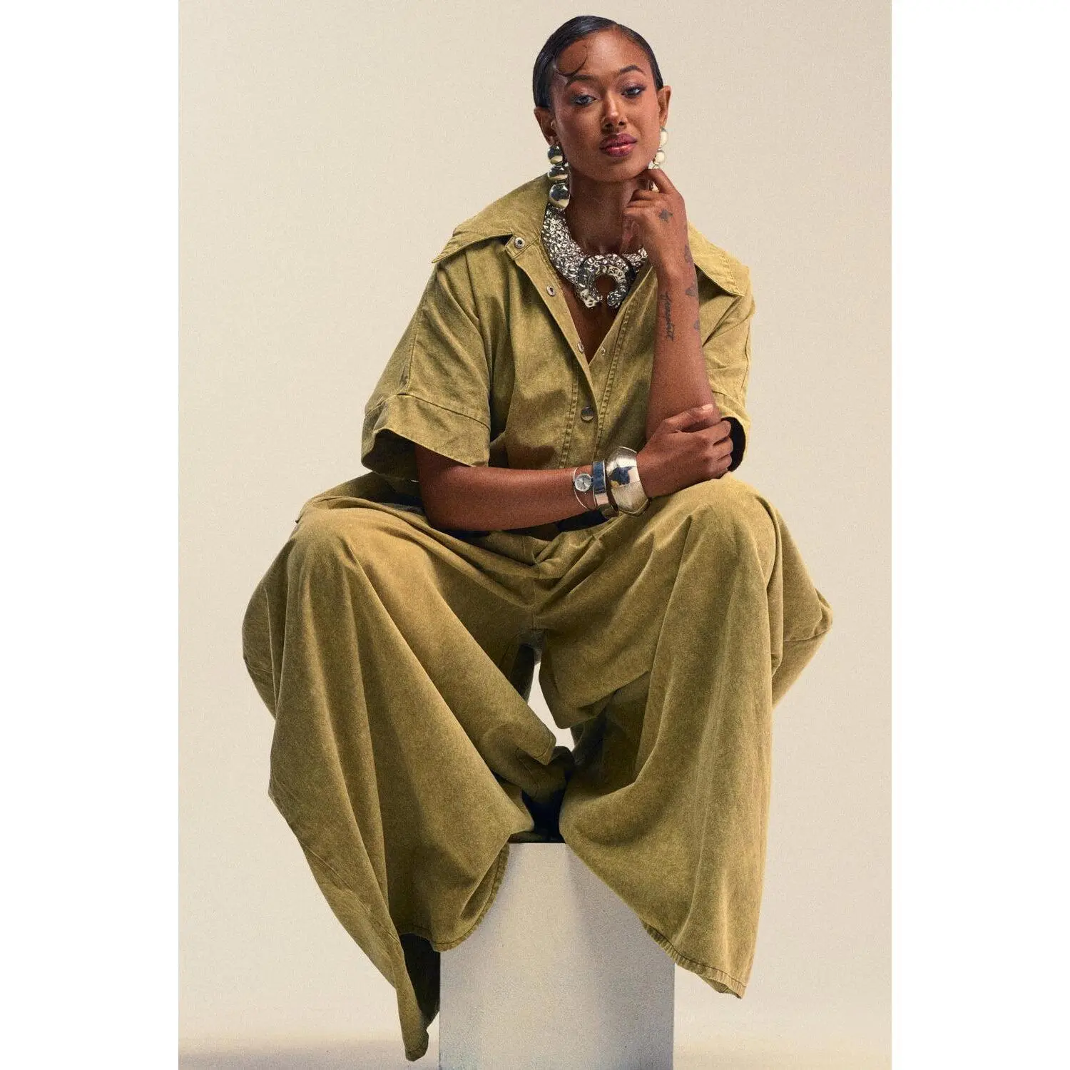 THE BEST OVERSIZED DENIM JUMPSUIT IN OLIVE