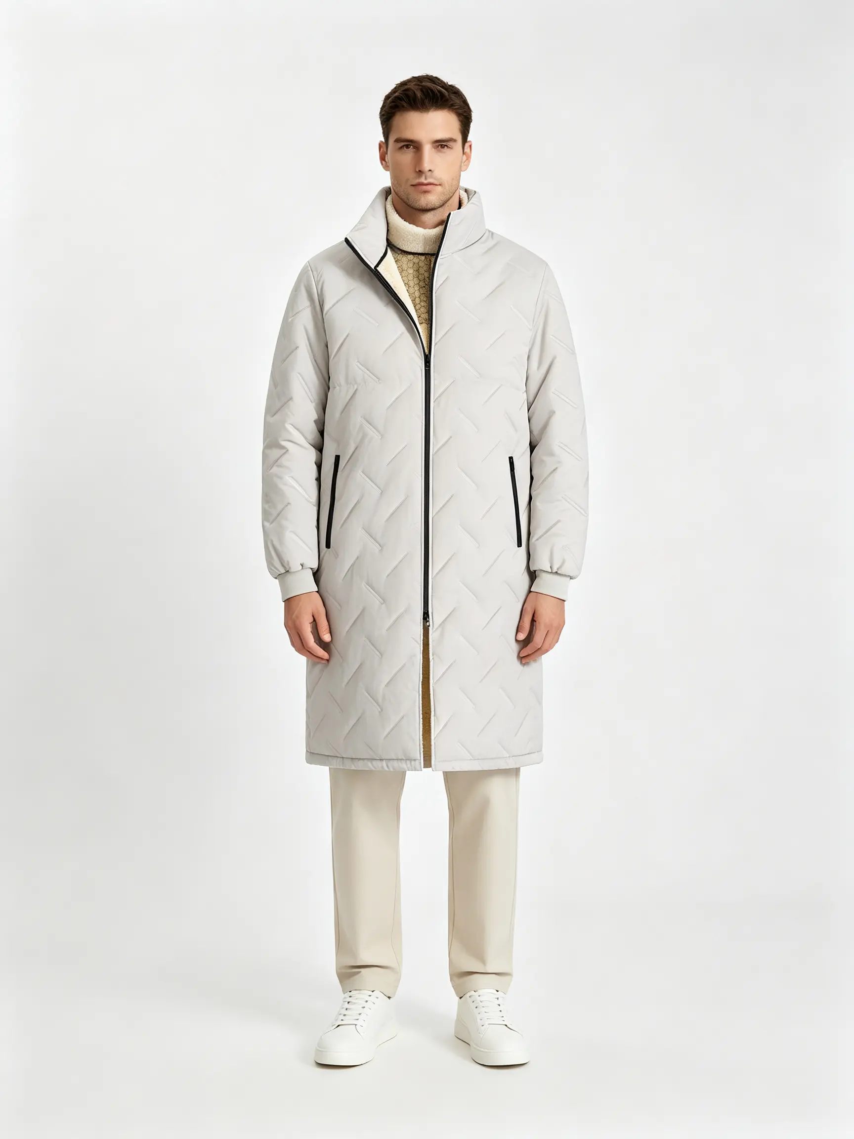 Men’s Loose-Fit Long Quilted Polyester Winter Jacket - Stand Collar, Graphene Fleece Lining for Warmth, Windproof, Side Safety Zipper Pockets, Insulated Long Coat for Urban Commuting & Everyday Wear