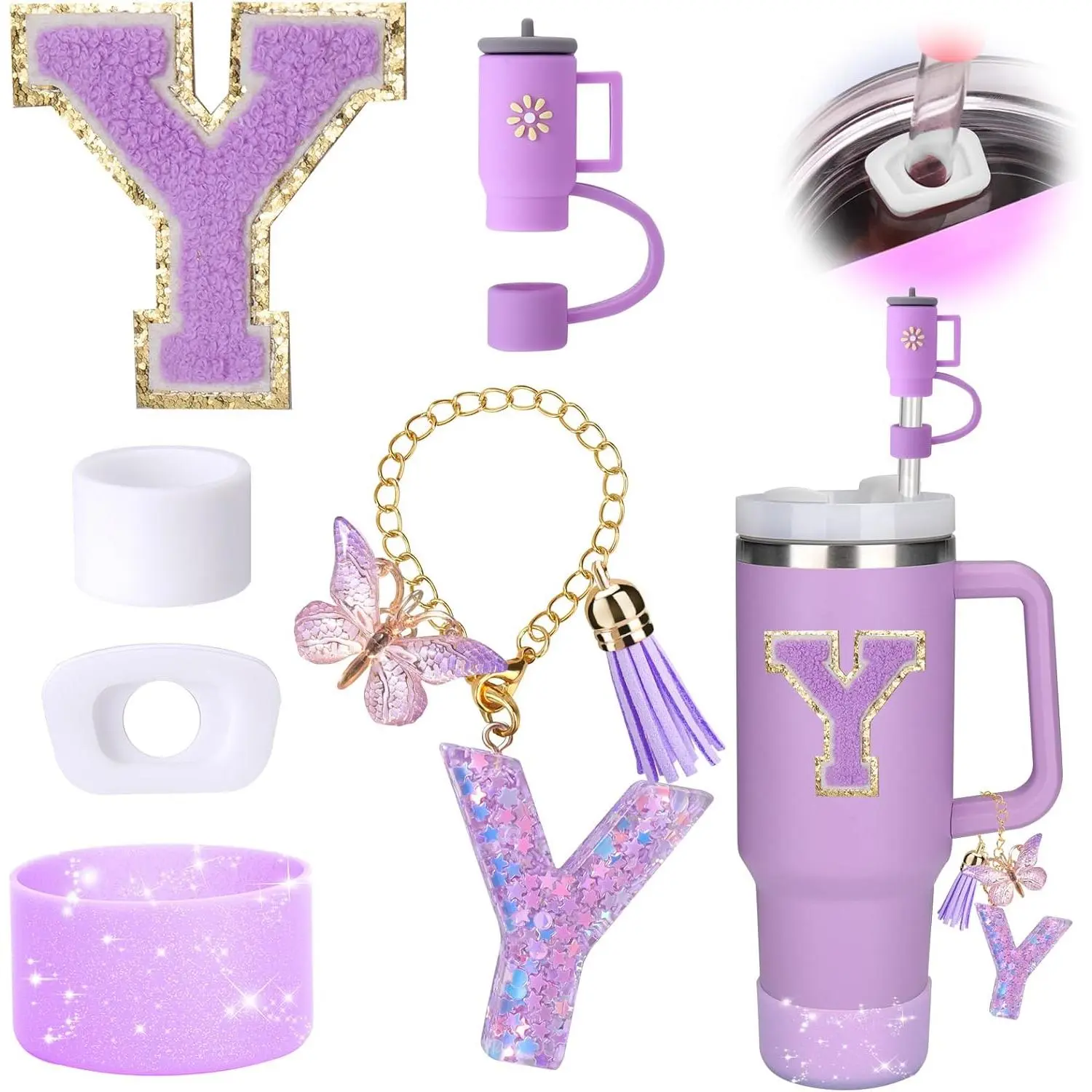 6-Piece Kitchen Drinkware Accessory Set - Compatible with 30oz/40oz Handled Mugs, Includes Cup Lid, Leakproof Collapsible Flexible Straw, Spill-Proof Stopper, Handle Charm, Letter Y Sticker, Flexible Straw Drinkware Accessories