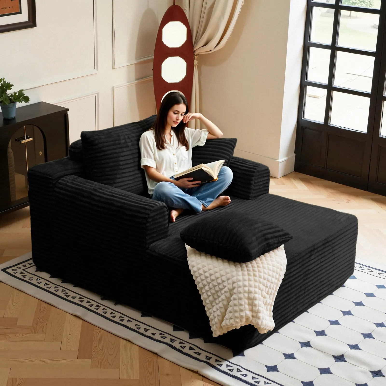Boneless Chaise Lounge Sofa Bed with Soft Corduroy Fabric, Deep Cushion Design & Cloud Handrails – Works for Living Rooms, Bedrooms, Game Rooms, Study Rooms