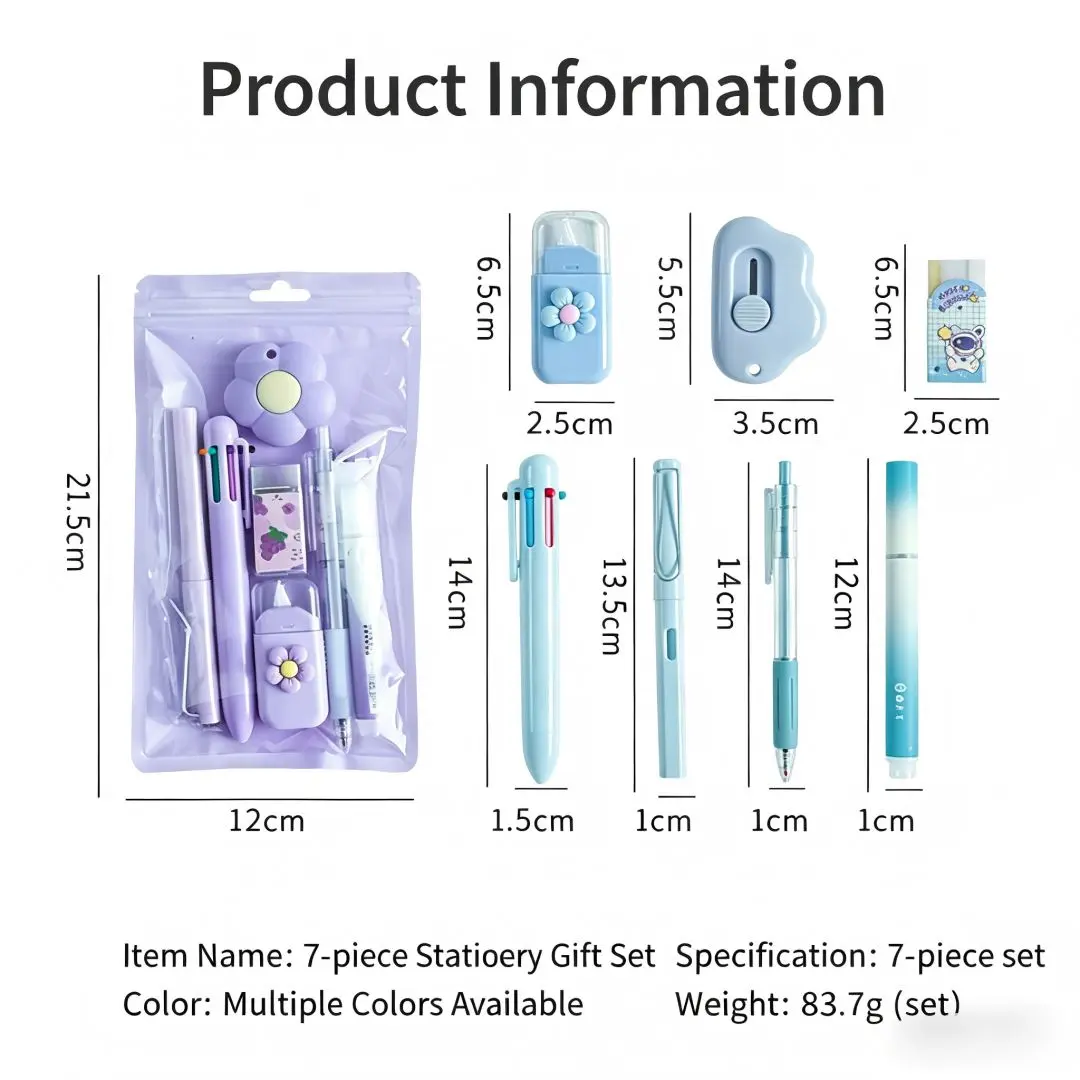 7-Piece Aesthetic Study Kit, Kawaii Pastel School Supplies Haul with Liquid Gel Pens, Mechanical Pencil, Eraser, Highlighter, Correction Tape, Pencil Case Organizer, Scrapbooking Supplies, Teen Girl Graduation Gift Set for College Students