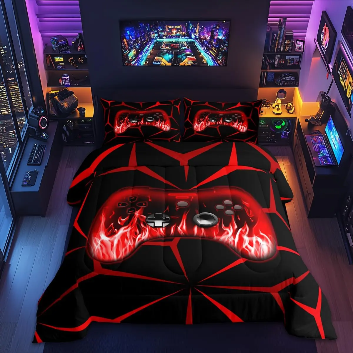 Boys Gamer Comforter Set,3D Gaming Bedding Set for Kids Boys Bedroom Room Decor,Red and Black Video Game Comforter,Geometric Gaming Bed Set All Season for Game Lovers