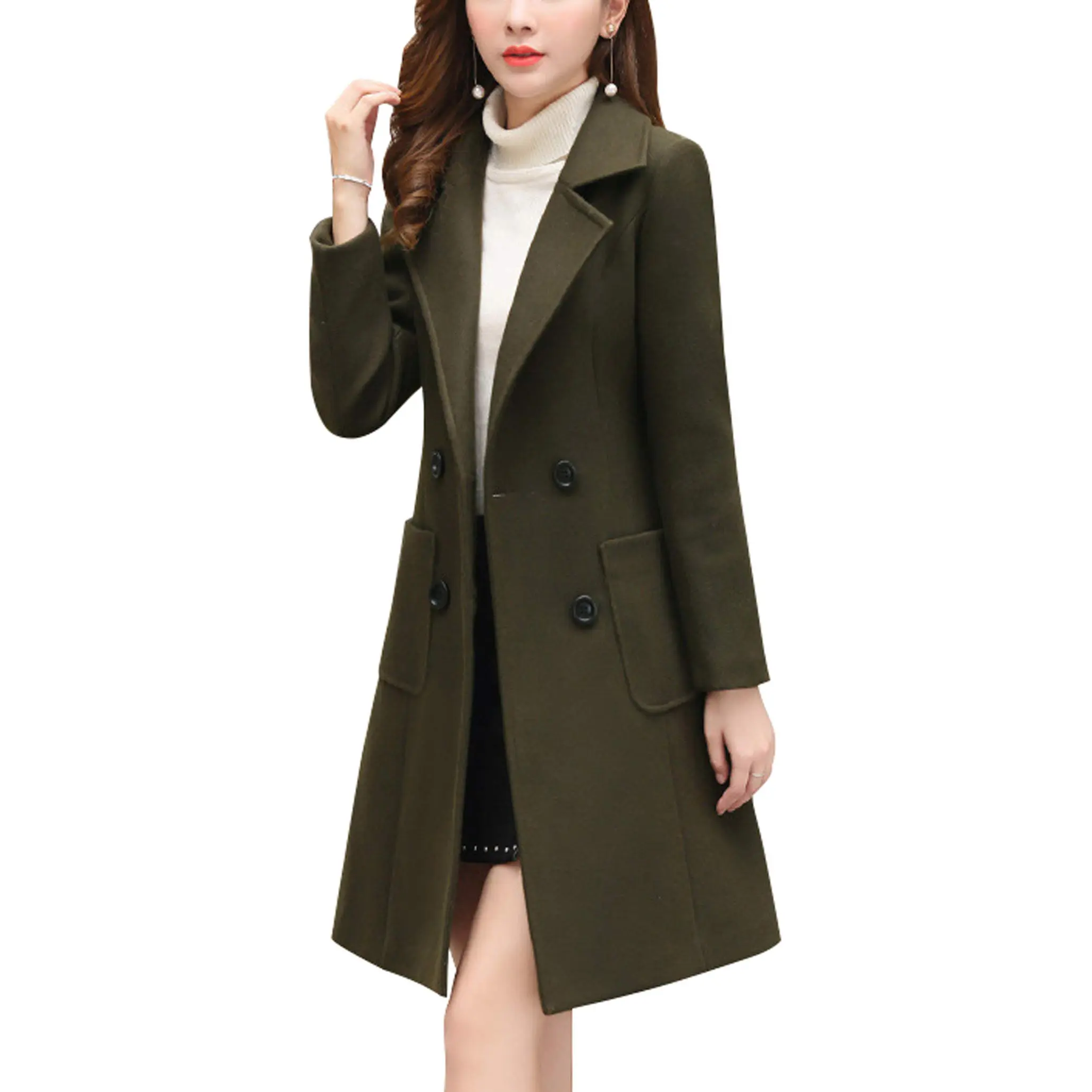 Chouyatou Women's Elegant Notched Collar Double-Breasted Wool Blend Overcoat - Womenswear Army Style with Belt, Thermal Turtle Neck Top Compatibility for Dressy Occasions