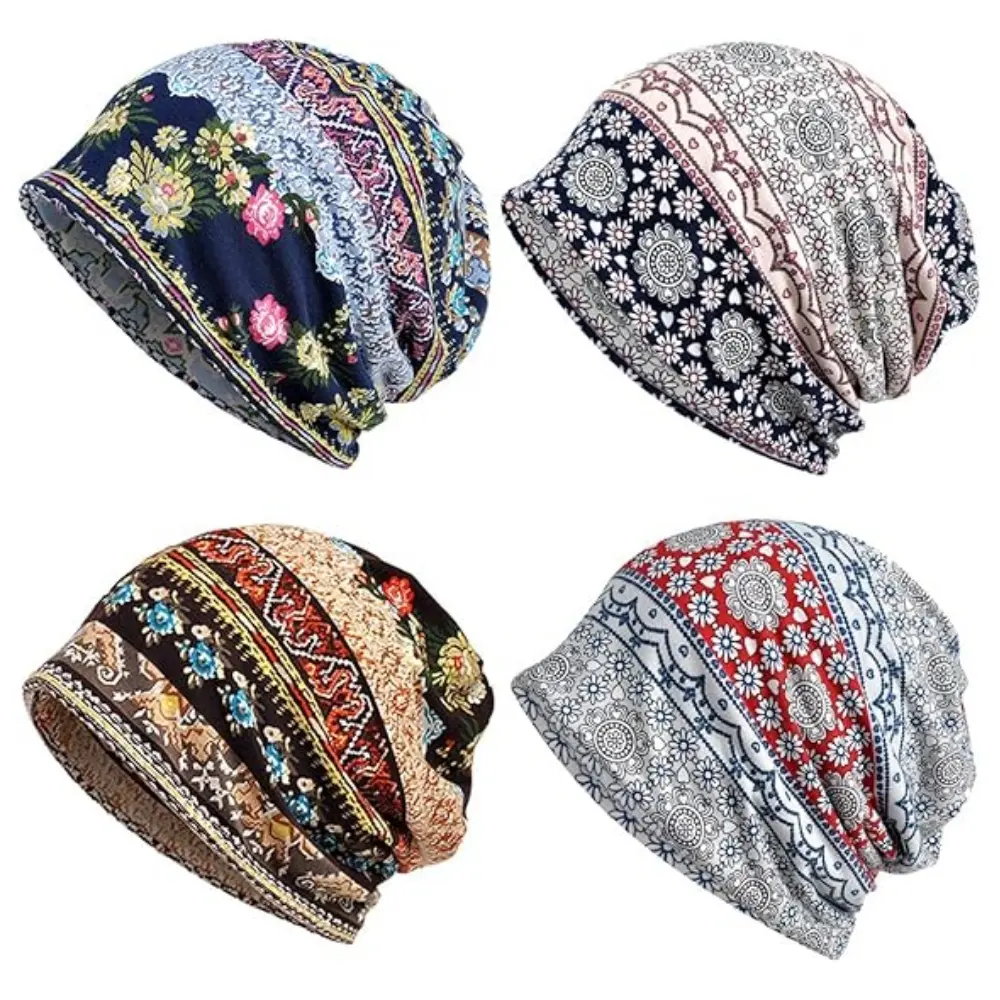 Slouchy Beanies for Adults, 4 Pack Soft Polyester Chemo Caps for Large Heads, Reversible Lightweight Floral Hair Hat for Daily Wear, 4 Colors, Double-Layered, Unisex, Breathable, Hand Wash, Spandex Blend, 3% Spandex, All Skin Types, Slouchy Beanie Caps, C
