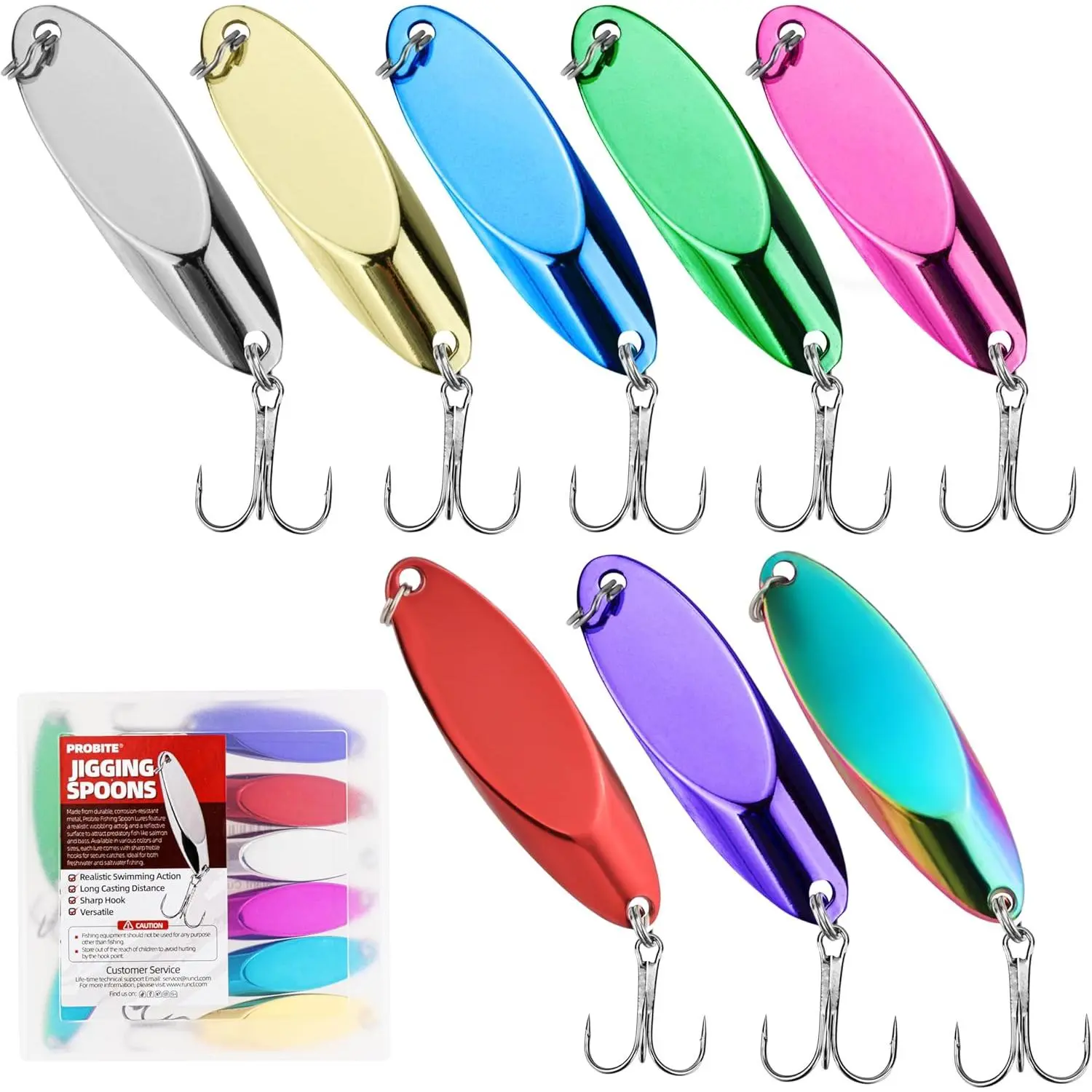 8PCS Slant Cut Jigging Spoons – High-Flash Metal Fishing Lures with Sharp Treble Hooks, Long Casting Spoons for Bass, Trout, Pike & Walleye Fishing