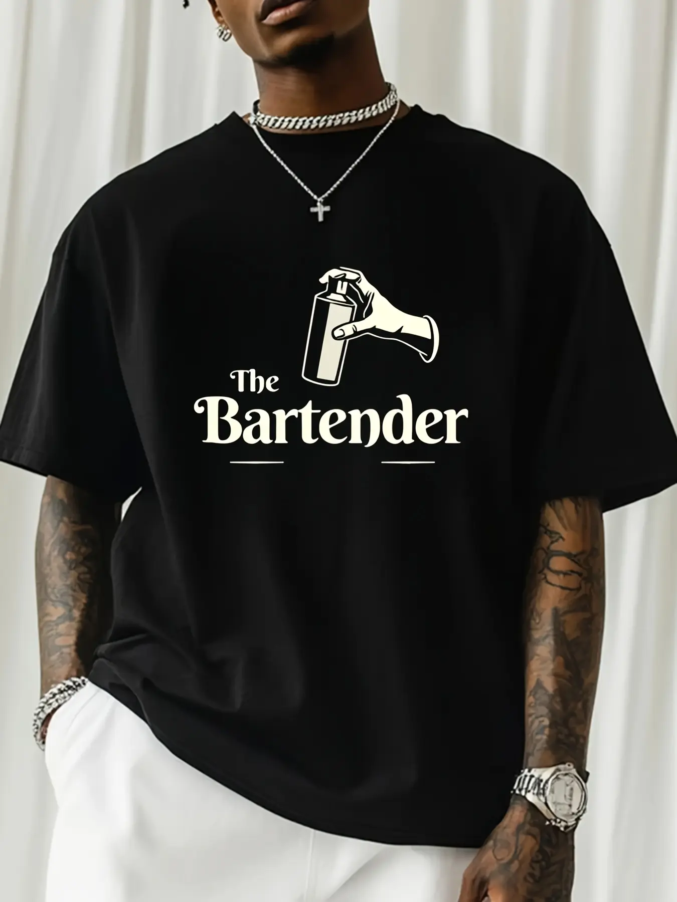 The Bartender Graphic Oversized T Shirt Black Tee unisex soft cotton short sleeve t shirt, vintage graphic casual tee for men women teens, perfect birthday holiday gift for camping travel gym daily street  wear