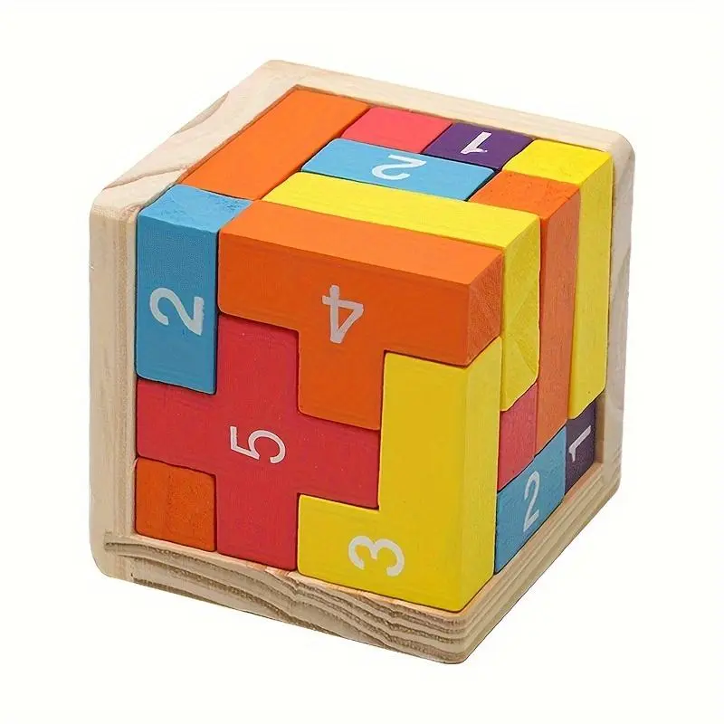 Colorful 3D Wooden Brain Teaser Puzzle, Wooden Cube Puzzles, Multicolor Puzzle Cube for 3+ Years Youngsters and
