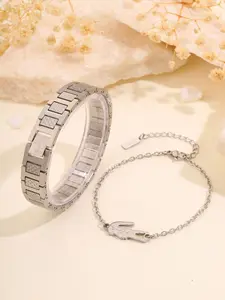 2-piece fashion retro stainless steel bracelet + watch band set, waterproof and fade-resistant, suitable for daily wear by men, perfect for casual occasions, parties, and as gifts for friends, boyfriends, or fathers' holidays