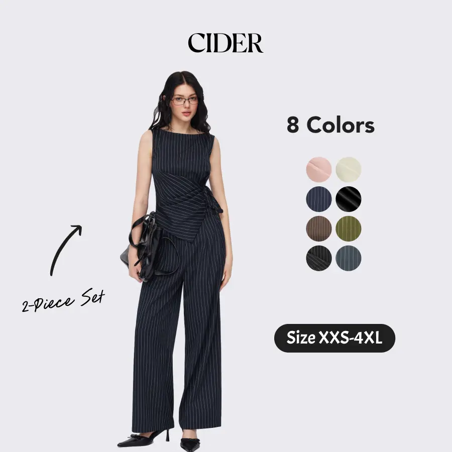 Cider 2-Piece Set Boat Neck Striped Wrap Knotted Top & Mid Rise Straight Leg Trousers Set– Office & Weekend Casual