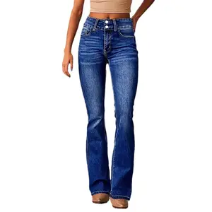 2025 Retro Stretch Washed Jeans for Women Street Style Flared Dark Blue Jeans Basic Comfort Pocket Bottom Denim Straight Jeans Spring New Model Streetwear
