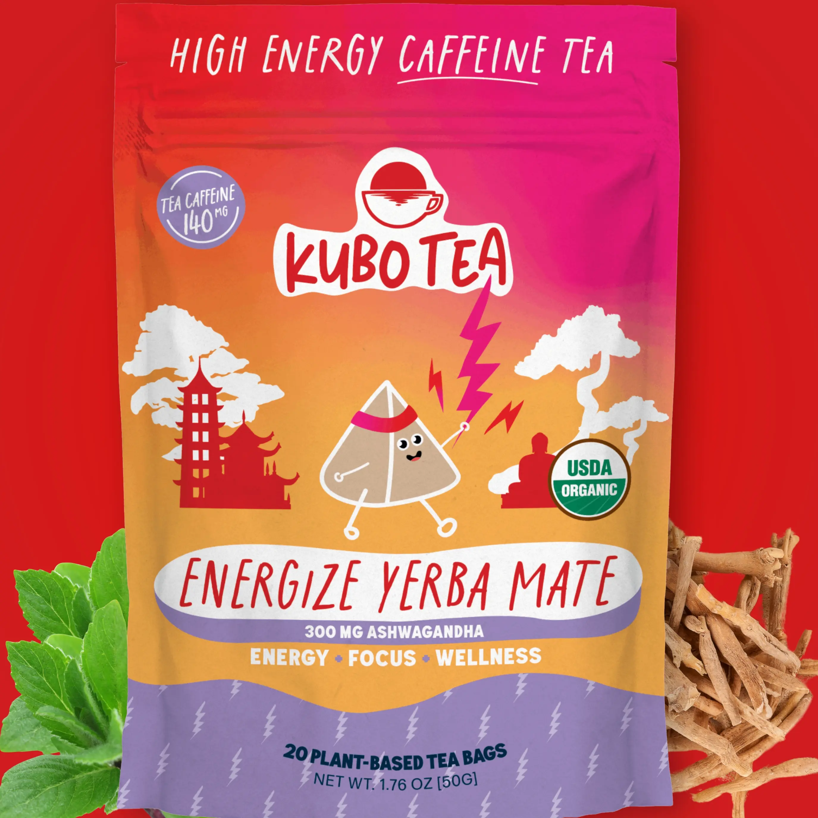 Kubo Tea: Organic Energize Yerba Mate Tea | High Caffeine Tea (140 mg) | Healthy Coffee Substitute | Clean Energy Beverage| 20 Ct | Compostable Packaging