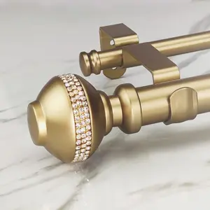 1-1/8 Inch Diameter Luxury Gold Double Curtain Rod Set, 36-72 Inch Adjustable Gold Drapery Rod with Rhinestone Finials, 1 Pack