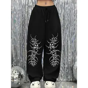 Black Oversized Skull Pattern Women’s Sports Pants – Gothic Loose Casual Street Pants with Drawstring Waistband GARMENTARY