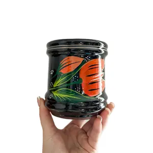 Orange Floral Ceramic Jarrito Coffee Mugs - Reusable Clay Design, Ideal for Coffee Drinking - Reuse, Drinkware, Washable Traditional Ceramic, Handmade & Decorated, Lead Free, Keeps Hot/Warm, 12oz Capacity - Tumbler Mexican mug