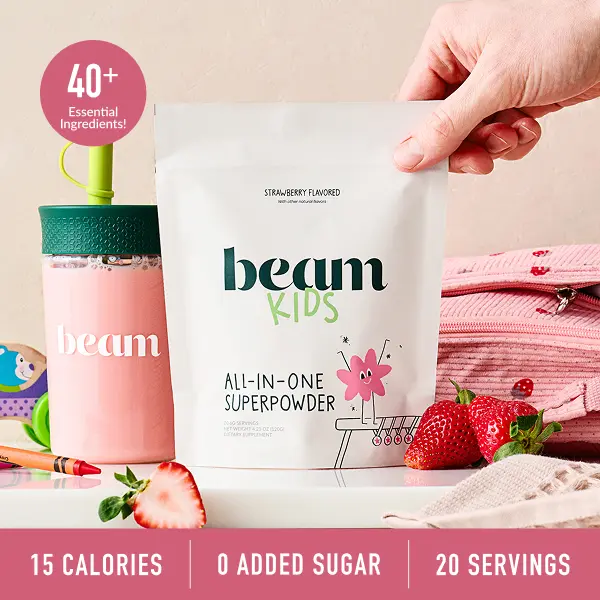 Beam Kids Superblend Vitamin Drink Powder - 20 Servings, Pediatrician Formulated, 40+ Ingredients, Strawberry Milk Flavor (Supports Growth, Immunity)