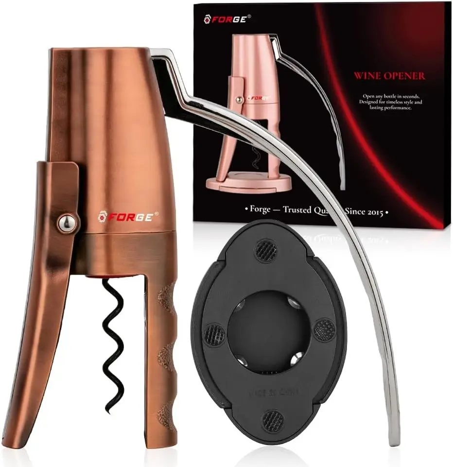 Forge Quality Compact Vertical Lever Corkscrew Wine Opener with Foil Cutter. 3 Seconds to Open a Bottle of Wine. Metallic Bronze Gift