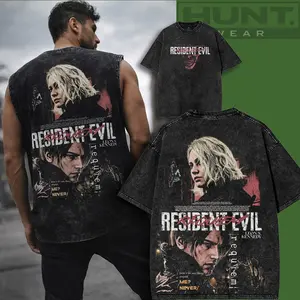 Resident Evil Requiem v9 horror Game Washed Tshirt 2 Sided Cotton unisex graphic tees game anime manga movie Menswear Casual gamer merch t-shirt Clothes Top