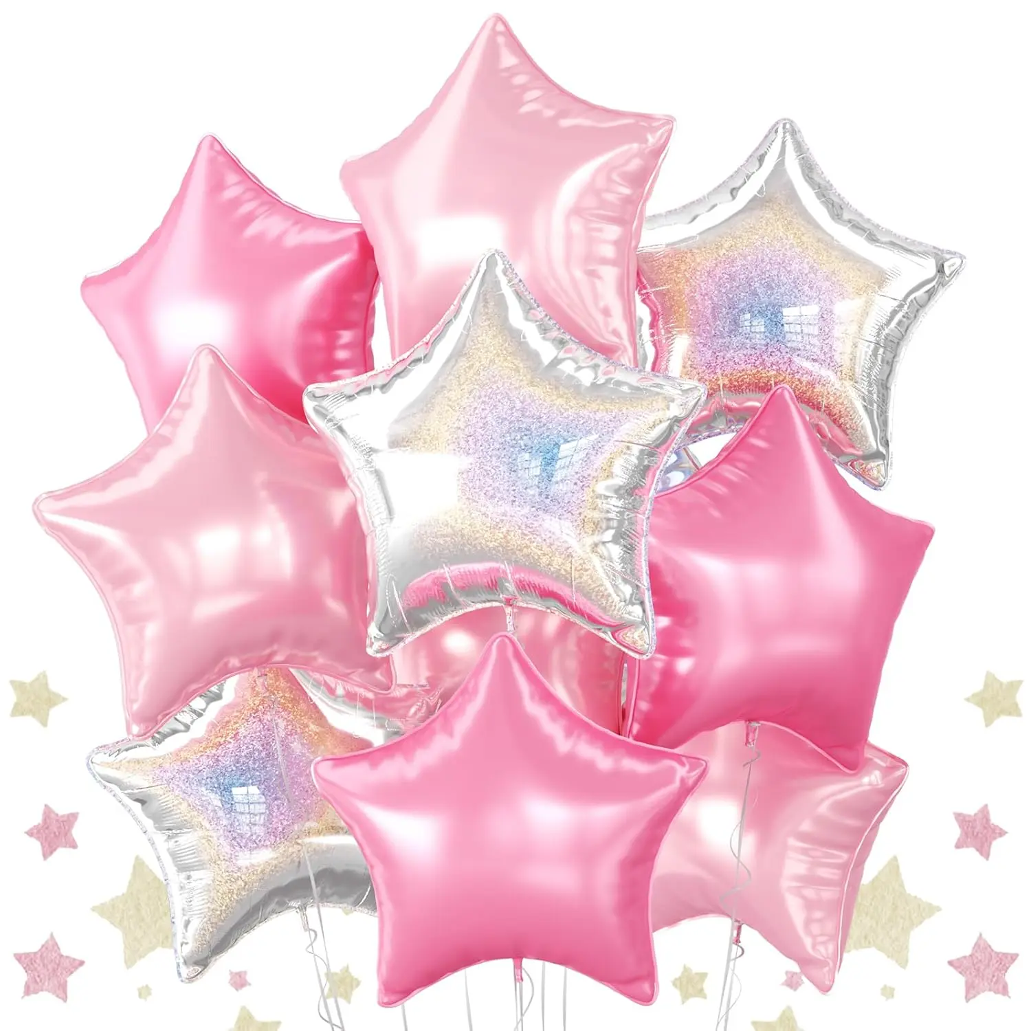 10-Piece Set of Pink & Silver Star-Shaped Foil Balloons 18-Inch Glittery Balloons for Celebrations