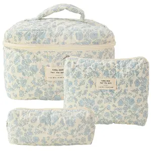 Cosmetics storage bag set, including large and small bags and a pen bag, featuring floral patterns suitable for women and young girls, a cute cotton makeup set, and a travel makeup storage bag with floral patterns (blue floral style)
