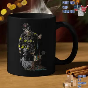 Standing Firefighter Skull Mug, dark firefighter art, mug for men, firefighter skull coffee mug decor, gift for firefighters