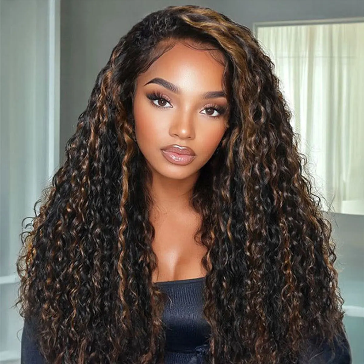 CurlyMe 3 IN 1 Water Wave Glueless Black Wig With Golden Brown Highlight Wear Go Half Wig