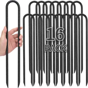 16 Pack 16 Inch Heavy Duty Galvanized Steel Wind Stakes, 0.4 Inch Diameter U Hook Rebar Ground Anchors for Trampoline, Tent, Fences, Swing, Landscape