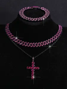 Hip-Hop Punk Cross and Lightning Pendants Necklace, Sparkling Cuban Chain, Cuban Link Chain, Single-Row Chains, Ideal Gift for Parties and Festivals