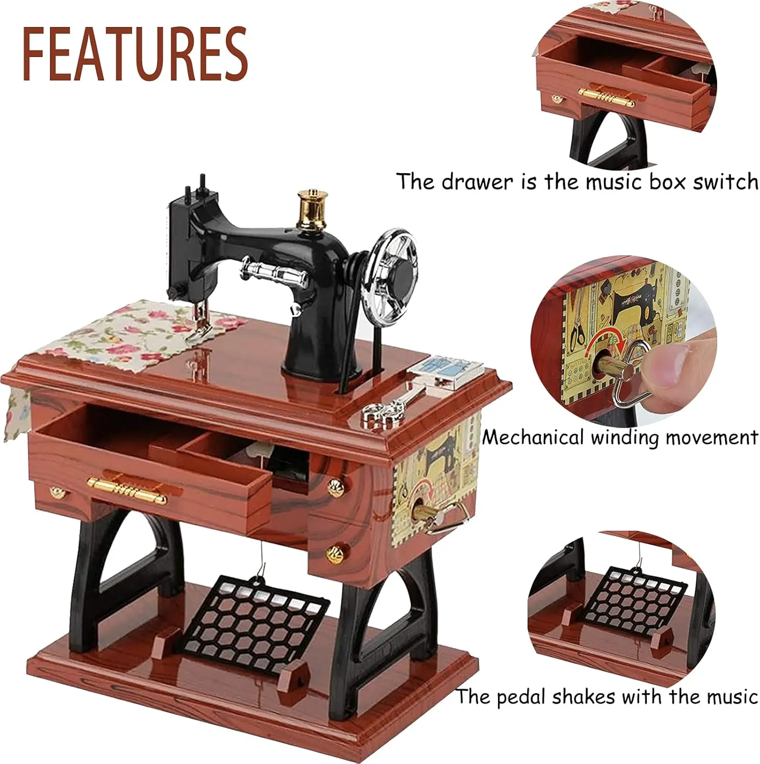 Vintage Sewing Machine Mini Aesthetic Music Box, Authentic Wind-Up Mechanism, Melodic Tunes, Office Desk Accent Piece (Home Supplies Home Decor), Aesthetic Music Boxes