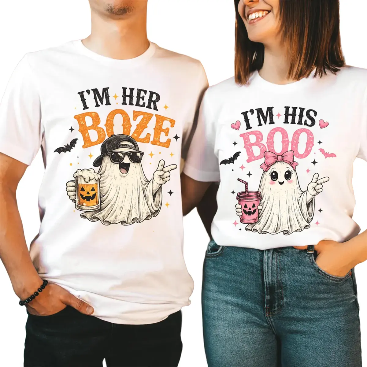 I’m Her Booze I’m His Boo Shirts, Matching Halloween Couple Tees, Funny Ghost Couple Costume, Spooky Season Party T-Shirt