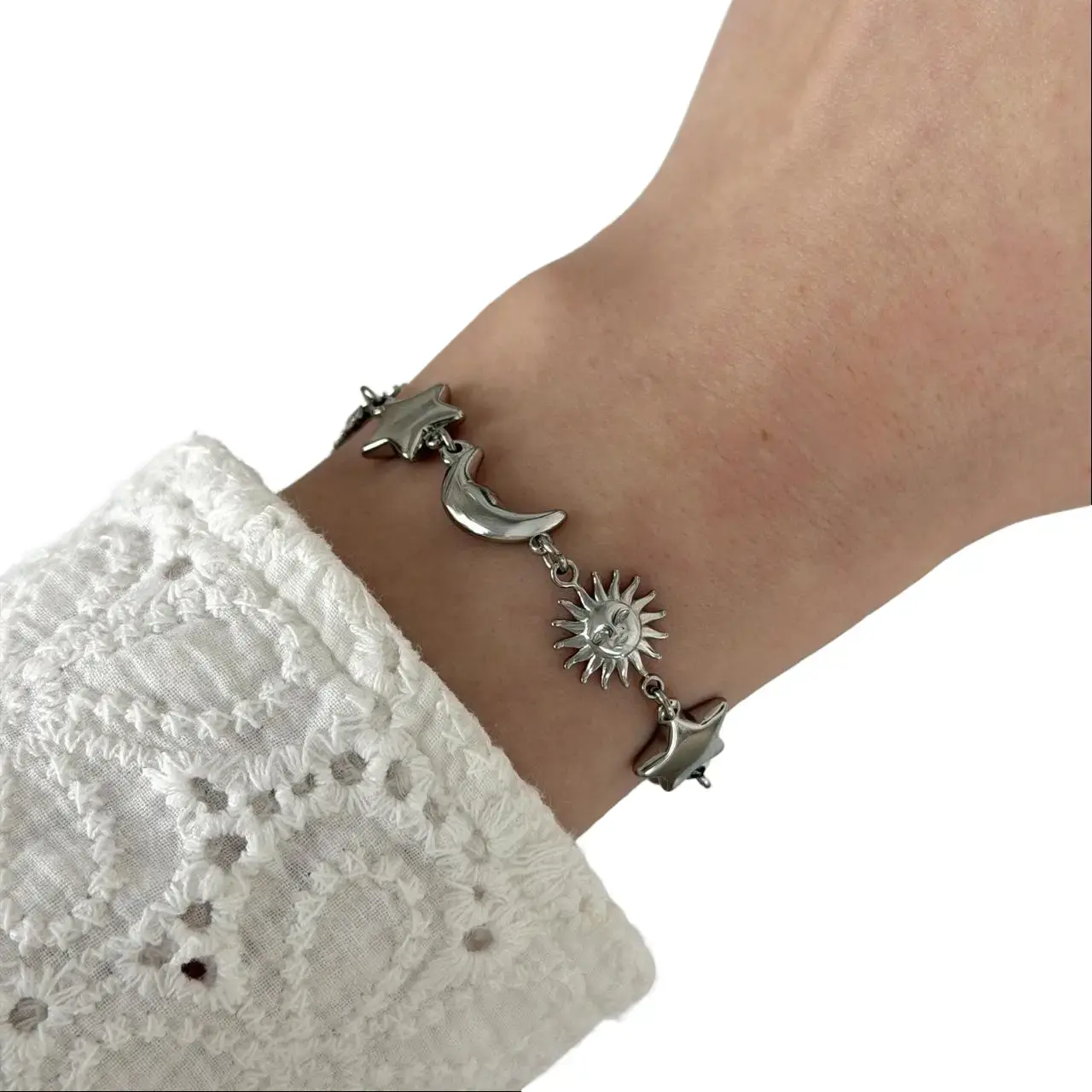 Adjustable Silver Celestial Motifs Stainless Steel Bracelet - Non Tarnish, Tarnish Proof, Waterproof, Long-Lasting Casual Wear Fashion Costume Jewelry Bangle, Non Tarnish Jewelry, Tarnish Proof Jewelry