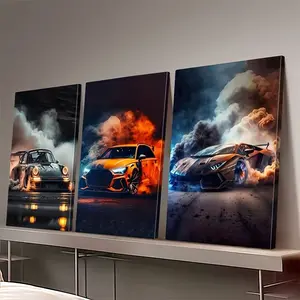 Three-piece framed canvas painting with a supercar theme - vintage car poster style, waterproof and fade-resistant, suitable for racing enthusiasts, home offices, and private spaces - ink canvas vertical triptych (three panels)