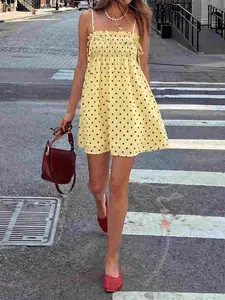 Women Polka Dot Mini Short Dress Spaghetti Strap Smocked Sundress Flowy Babydoll Dress Cute Ruffle Sleeveless Summer Beach Vacation Casual Bohemian Dress Y2K Trendy Lightweight Dress Bohemian Summer Dresses Yellow