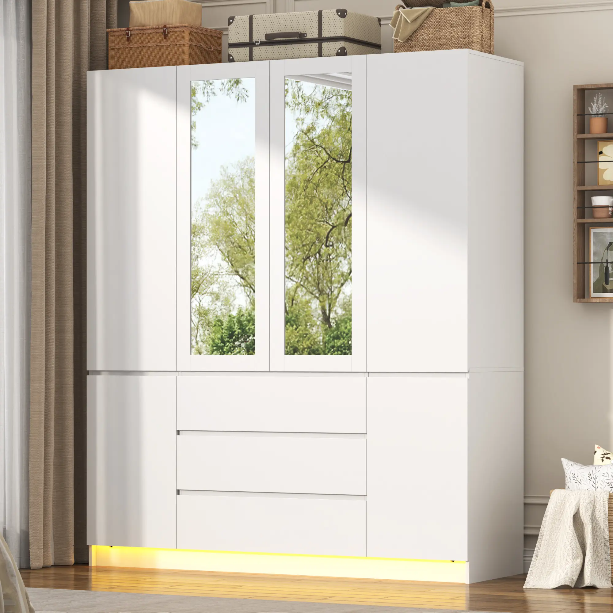 75" LED Wooden Clothes Wardrobe - 4-Door Built-in Hangers Wardrobe with Mirror, Adjustable Shelves, Drawers, Room Storage Cabinet for Bedroom, Entryway, Built-In Hangers Wardrobes