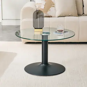 Modern Round Tempered Glass Coffee Table, 27.5 Inch Diameter Light Luxury Side Table, Space-Saving Indoor Furniture with Black Metal Base, Anti-Slip Foot Pads, Stable Structure for Living Room, Bedroom, Balcony, Reception Room, Home Decor