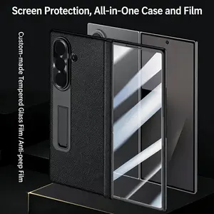 Genuine Leather Magnetic Phone Case with Built-in Tempered Glass & Stand | Hinge-Connected Full Middle Shaft Shockproof Foldable Protective Cover for Samsung Galaxy Z Fold4/Z Fold5/Z Fold6/Z Fold7 #YJPGBLZJK